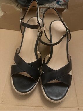 LOFT Black Cross-Strap Espadrille Wedge Sandals with Ankle Strap